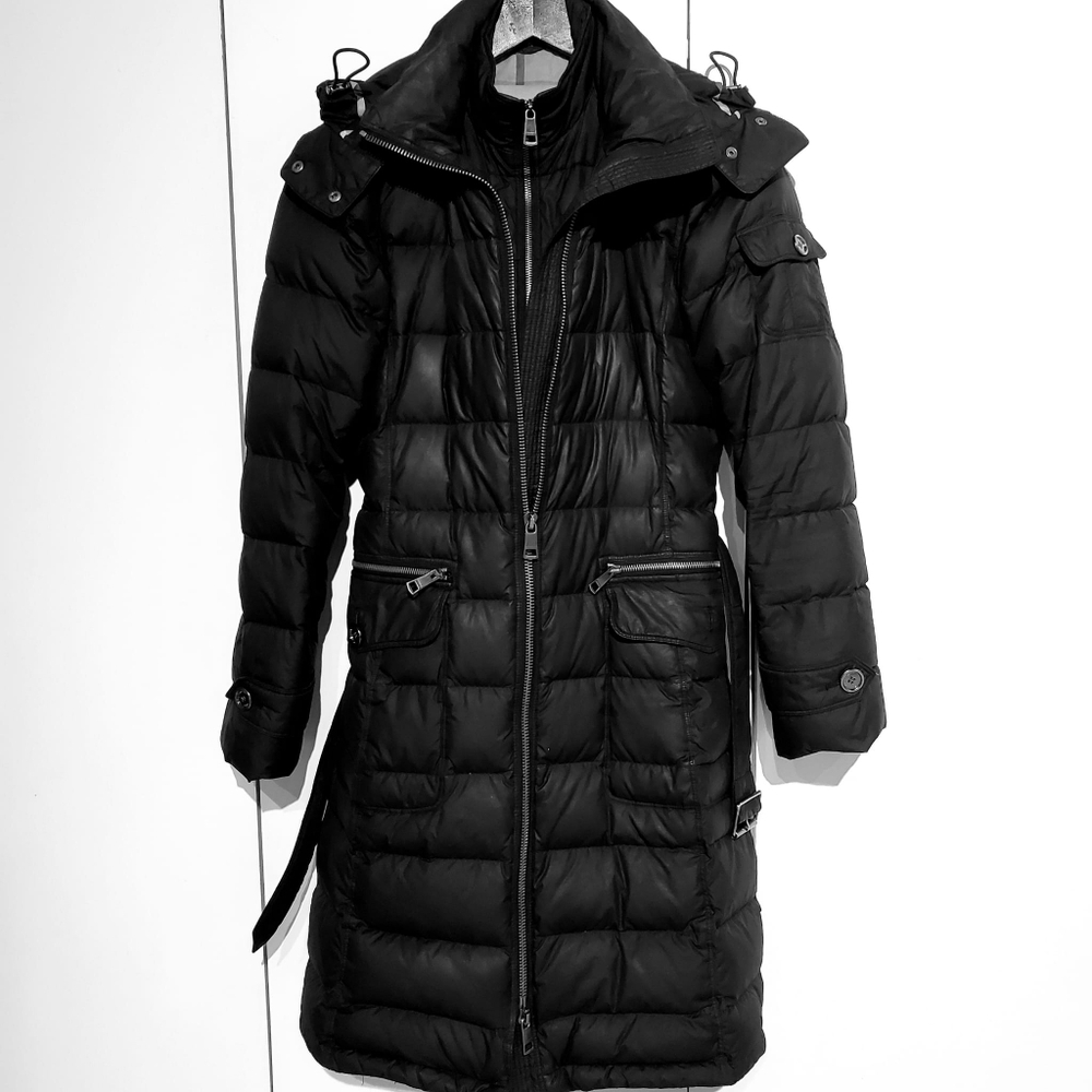 Burberry Black Belted Hooded Mid Knee Length 100% Down Coat